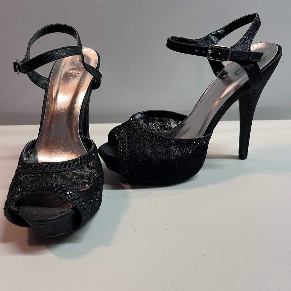 Deb Black Lace Peep-Toe Heels